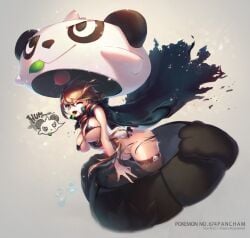 1girls apple_caramel blue_n breasts brown_hair cape cosplay female game_freak nintendo one_eye_closed pancham_(cosplay) pantless pokemon pokemon_(cosplay) solo tagme