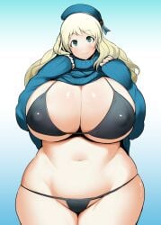 atago_(kantai_collection) bikini blonde_hair blush breasts clothes_lift covered_nipples curvy female gigantic_breasts green_eyes hat kantai_collection long_hair looking_at_viewer milf sasaki_tatsuya shirt_lift smile solo sweater swimsuit wide_hips