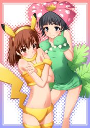 2girls black_eyes black_hair blush brown_hair cosplay covering_chest crossover duo fushigibana_(cosplay) game_freak midriff misaka_mikoto nicci nintendo pikachu_(cosplay) pokemon pokemon_(cosplay) pose short_hair simple_background socks teenage_girl teenager thigh_socks thighhighs to_aru_kagaku_no_railgun to_aru_majutsu_no_index uiharu_kazari venusaur_(cosplay) yellow_socks young