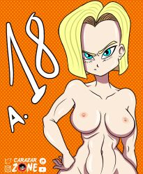 1girls android android_18 blue_eyes breasts carazar_zone dragon_ball dragon_ball_z más milf muscular_female nipples number solo_female