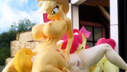 16:9 3d 3d_(artwork) anthro apple_bloom_(mlp) applejack_(mlp) ass big_breasts big_butt breasts digital_media_(artwork) female female/female friendship_is_magic group hasbro hi_res huge_breasts huge_butt incest my_little_pony nipples nude pear_butter_(mlp) smooth_skin symm widescreen