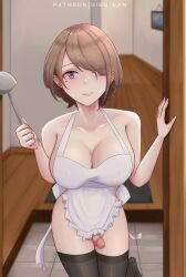 1futa apron apron_only bottomless breasts brown_hair clothed clothing futa_only futanari gibb_san high-angle_view honkai_(series) honkai_impact honkai_impact_3rd human light-skinned_female light_skin mostly_nude nude_apron nude_futanari penis rita_rossweisse short_hair solo standing thick_thighs