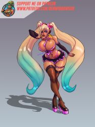 benjamin_widdowson big_breasts bimbo bimbofication blonde_hair dark_skin hatsune_miku headphones heart_tattoo high_heels large_breasts looking_at_viewer miniskirt navel_piercing platform_heels seductive_look thighhighs vocaloid