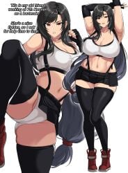 1girls absurd_res black_hair breasts breasts_between_suspenders cleavage clothed clothed_female crop_top drogod_(artist) english_text fair-skinned_female fair_skin female female_focus female_only final_fantasy final_fantasy_vii final_fantasy_vii_remake hi_res hips huge_breasts light-skinned_female light_skin long_hair midriff panties red_eyes short_skirt skirt slim_waist solo solo_female solo_focus square_enix suspenders tank_top text thick_thighs thighs tifa_lockhart white_panties wide_hips