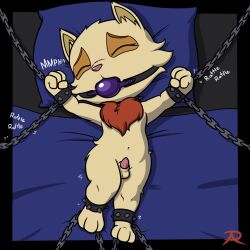 anthro ball_gag balls bed blush blush_lines bondage bound chains closed_eyes cuff_(restraint) furniture gag genitals hi_res league_of_legends male nude penis pillow radasus restraints riot_games small_penis solo tapering_penis teemo video_games yordle