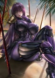 1girls arm_support bangs beach big_breasts bodysuit breastplate breasts busty clothed clothing fate/grand_order fate_(series) female female_focus female_only fit fit_female large_breasts legs lexaiduer light-skinned_female light_skin long_hair looking_at_viewer navel open_mouth palm_tree purple_hair red_eyes sand scathach_(fate) see-through see-through_bodysuit see-through_clothing shoulder_armor sitting sitting_down sitting_on_ground solo solo_female solo_focus thick_thighs thighs toned toned_female toned_stomach tongue tongue_out tropical