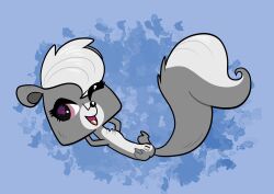 catboyjail female feral fluffy fluffy_tail fur genitals grey_body grey_fur hair hasbro hi_res littlest_pet_shop mammal mephitid one_eye_closed open_mouth pepper_clark pink_eyes presenting pussy skunk solo white_hair wink