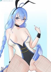 1futa aqua_eyes aqua_hair big_penis breasts bunny_ears bunnysuit choker clothed clothing condom condom_on_penis cum erection fishnets full_condom futa_only futanari gibb_san huge_cock human light-skinned_futanari looking_at_viewer mostly_clothed mushoku_tensei nail_polish pale_skin roxy_migurdia shy small_breasts solo thick_thighs