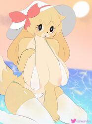 1girls 2022 animal_crossing anthro bikini breasts cleavage detailed_background female female_focus female_only furry hand_on_breast huge_breasts isabelle_(animal_crossing) mochagato nintendo nipples puffy_nipples sawavhs see-through_clothing sunhat thick_thighs thighhighs thighs wide_hips yellow_body yellow_fur