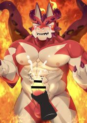 abs absurd_res anthro balls blush bodily_fluids censored claws closed_eyes crying cthugha_(tokyo_afterschool_summoners) cum cumshot disembodied_hand dragon ejaculation embarrassed erection fire genital_fluids genitals glowing glowing_genitalia glowing_penis handjob hi_res male male_only multicolored_body multicolored_scales muscular muscular_male nipples nude open_mouth orgasm pecs penile penis red_body red_claws scales sex smile solo sweat tan_body tears tentacle tokyo_afterschool_summoners two_tone_body two_tone_scales video_games zuboboz