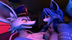 3d anthro blue_body bodily_fluids breast_play breasts canid canine cum duo eye_roll female fox freckles futa_on_female futanari genital_fluids genitals gynomorph hi_res intersex intersex/intersex krystal long_tongue mammal murid murine nintendo officer_flint officer_flint_(foretbwat) penis police police_hat rat rodent star_fox tongue video_games