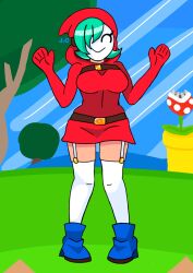 1girls blue_boots boots breasts female female_only green_hair hair_over_one_eye light-skinned_female light_skin mario_(series) mask nintendo piranha_plant shy_gal shy_gal_red solo stockings tagme thick thick_hips thick_thighs thighs white_stockings wide_hips