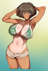 akiyama_yukari alternate_breast_size armpits arms_behind_head bangs bikini bikini_shorts bikini_top_only breasts brown_bikini brown_eyes brown_hair camouflage_bikini_top closed_mouth cowboy_shot cropped_legs eyebrows_visible_through_hair female girls_und_panzer gradient gradient_background green_bikini hands_in_hair huge_breasts looking_at_viewer messy_hair mismatched_bikini navel one-piece_tan sasaki_tatsuya short_hair shorts simple_background solo standing swimsuit tan tanlines