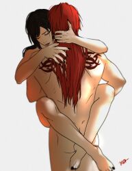 1boy 1girls black_hair black_nails carrying_partner completely_nude embracing final_fantasy final_fantasy_vii final_fantasy_vii_remake hands_in_hair holding_partner hugging legs_around_partner legs_around_waist long_hair_male male/female nude red_hair reno stand_and_carry_position standing_sex straight tattoo tifa_lockhart voaleine white_background