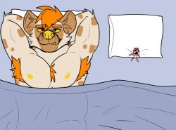 2022 6_hours_of_sex after_sex anthro armpit_hair bed bedding bedroom blanket body_hair chest_tuft chupado death_by_snu_snu diamobster drained duo empty_eye_sockets exhausted flaccid fur furniture genitals hair hands_behind_head humor hyaenid inside interspecies lying lying_on_bed male male/male mammal meme muscular muscular_anthro muscular_male nipples nude on_back on_bed orange_hair penis pillow pink_body pink_fur pink_hair satisfied_look sergal size_difference spots spotted_body spotted_fur sucked_silly tiny tuft under_covers yellow_nipples yellow_nose yellow_sclera