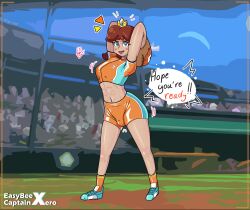 1futa 2022 ass baseball baseball_glove big_ass big_thighs blue_eyes blue_sky breasts brown_hair bulge bulge_through_clothing clothed clothing comic comic_page crown dialogue dirt easybee excited fully_clothed futa_bulge futa_only futanari grass huge_thighs human light-skinned_futanari light_skin mario_(series) mario_strikers muscles muscular muscular_female nintendo princess_daisy public shiny shiny_clothes shiny_hair shiny_skin shoes solo stadium standing text text_bubble thick_legs thick_thighs uncensored