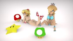 2girls 3d 3d_(artwork) ass big_ass big_breasts big_butt bikini bikini_bottom bikini_top blonde_hair blue_eyes bra breasts crown female heels huge_ass huge_breasts huge_butt laying_down light-skinned_female light_skin mario_(series) nintendo panties ponytail princess_peach princess_rosalina sandals sitting skimpy skimpy_bikini skimpy_clothes star super_mario_bros.
