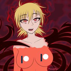 1girls bare_shoulders blonde_hair brainwashing censored drool drooling fangs hellsing hellsing_ultimate hypnosis hypnotic_eyes hypnotized_hypnotist mind_control missing_arm mouth_open offscreen_character patreon pov red_eyes seras_victoria sharp_teeth swirly_eyes tentacles tongue waves zko