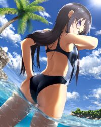 1girls ass beach black_hair clothed clothed_female endou_rino female female_only from_behind glasses goribote jinsei long_hair looking_back one-piece_swimsuit palm_tree purple_eyes small_breasts standing swimsuit tagme thighs wet