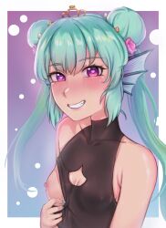 finana_ryugu finana_ryugu_(2nd_costume) fish_girl green_hair hair_ornament heart-shaped_pupils nijisanji nijisanji_en one_breast_out ornament purple_eyes see-through see-through_clothing small_breasts smiling teasing virtual_youtuber