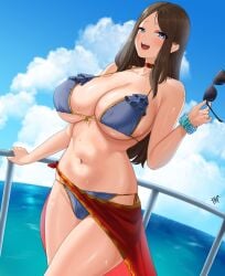 1girls 2022 bikini blue_bikini blue_eyes breasts brown_hair eyewear_removed fate/grand_order fate_(series) female female_only hi_res hips holding_object huge_breasts kisaragi_tsurugi leonardo_da_vinci_(fate/grand_order) long_hair massive_breasts slim_waist sunglasses sunglasses_removed thick_thighs thighs wide_hips