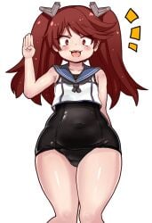 :3 arm_behind_back covered_navel crop_top eyebrows eyebrows_visible_through_hair female flat_chest hand_up kantai_collection long_hair one-piece_swimsuit plump red_eyes red_hair ryuujou_(kantai_collection) school_swimsuit solo swimsuit swimsuit_under_clothes thick_thighs thighs twintails yukinojou_yakan