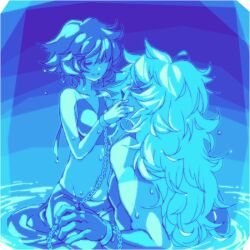 2girls bare_midriff bare_stomach belly blue_eyes blue_hair blue_skin blue_theme bondage bound bound_wrists chained chained_up chains crop_top dokur01 fluffy_hair hand_on_leg jasper_(steven_universe) lapis_lazuli_(steven_universe) long_hair lowleg lowleg_skirt midriff monochrome muscular_female navel restrained skirt small_breasts smaller_female smile steven_universe stomach swa660w water wet yuri