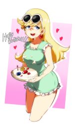 1girls birthday blonde_female candle cream dress female_focus fully_clothed heart holding_cake jcm2 leni_loud long_hair looking_at_viewer medium_breasts nickelodeon solo solo_female sunglasses_on_head the_loud_house voluptuous