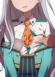 1girls areolae blush bra breast_grab breasts breasts_out female grey_hair kujou_saaya long_hair morisobo necktie nipples one_breast_out open_mouth out_of_frame raramagi school_uniform small_breasts solo standing sweat undressing upper_body white_background