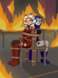 2girls ahsoka_tano arms_behind_back arms_tied_behind_back background bare_legs blue_eyes blue_hair bodysuit bondage boots bound_ankles bound_legs bound_together bound_wrists burning burning_building chair chair_bondage cleave_gag clothed clothed_female clothing crossover dc dc_comics dress duo female female_only fire full_body fully_clothed gag gagged grey_background indoors knee_boots looking_at_viewer minidress multiple_girls nivek15 on_chair pantyhose peril purple_hair rachel_roth raven_(dc) red_clothing red_dress rope rope_bondage short_hair short_hair_female side_view simple_background sitting star_wars straight_hair teen_titans the_clone_wars:_season_four