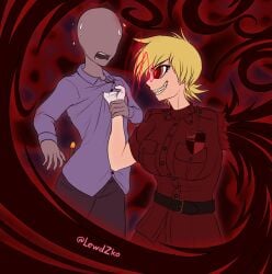 1boy 1girls alternate_version_available anon blonde_hair brainwashing evil_smile eyeless_male gloves hand_on_wrist hellsing hellsing_ultimate holding_up hypnosis hypnotic_eyes mind_control mirror missing_arm seras_victoria sharp_claws sweat sweatdrop swirly_eyes symbol zko