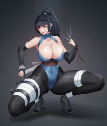 1girls big_breasts black_hair breasts center_opening female female_only green_eyes holding_object kunai kunoichi leotard naruto naruto_(series) naruto_shippuden ninja nipple_slip nipples ponytail shizuka_(naruto) solo solo_focus squatting sword tied_hair weapon