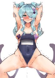 1girls aqua_eyes aqua_hair armpits arms_up between_labia blue_nails blush cross_pasties dragon_girl elira_pendora female female_only head_wings highres koutate long_hair nijisanji nijisanji_en nose_blush pasties presenting_armpit school_swimsuit shaking solo sweat swimsuit tagme undersized_clothes virtual_youtuber