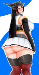 ass bare_shoulders bbw belly black_hair black_panties blush breasts brown_eyes chubby female from_behind highres huge_ass huge_breasts kantai_collection long_hair looking_at_viewer looking_back morisoba_(silent_hill) nagato_(kantai_collection) panties panties_around_one_leg plump pursed_lips skirt solo tears thick_thighs thighs underwear