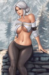 1girls alternative_body_build artist_logo big_breasts breasts brown_lipstick ciri cleavage female female_only flowerxl gray_eyebrows gray_jeans green_eyes hair_ornament hand_behind_back hand_on_object high_resolution large_breasts light-skinned_female sitting snow_trees solo the_witcher_(series) the_witcher_3:_wild_hunt voluptuous white_hair white_topwear winter