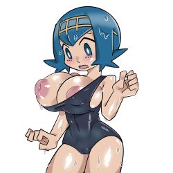 big_areola big_nipples blue_eyes blue_hair blush inverted_nipples lana_(pokemon) large_breasts large_nipples mob_face monodie nipples pokemon pokemon_sm puffy_nipples skin_tight swimsuit wardrobe_malfunction wet wide_hips