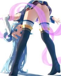 1girls aqua_(konosuba) ass bent_over bottomless bottomless_skirt goribote kono_subarashii_sekai_ni_shukufuku_wo! miniskirt skirt solo_female standing tagme thighhigh_boots thighhighs thighs white_background