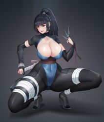 1girls big_breasts black_hair breasts center_opening female female_only green_eyes holding_object kunai kunoichi leotard naruto naruto_(series) naruto_shippuden ninja nipple_slip nipples ponytail shizuka_(naruto) solo solo_focus squatting sword tied_hair weapon