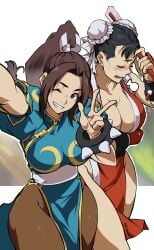 2girls breasts chun-li clothes clothes_swap death_battle embarrassed king_of_fighters koda1ra mai_shiranui outfit_swap pantyhose selfie street_fighter tagme thighs