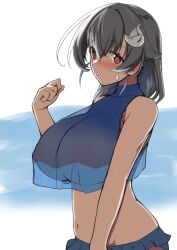 bangs bikini black_hair blue_bikini blush breasts covered_nipples crop_top crop_top_overhang eyebrows_visible_through_hair female frilled_sleeves frills hair_between_eyes hair_ornament huge_breasts jingei_(kantai_collection) kantai_collection long_hair red_eyes reta_su_gohan see-through solo sweat swimsuit upper_body