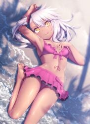 1girls beach bikini bow_bra chloe_von_einzbern fate/grand_order fate/kaleid_liner_prisma_illya fate_(series) female from_above goribote looking_at_viewer lying_on_back ocean pink_swimsuit sand skirt small_breasts solo_female swimsuit tagme tan_skin thigh_gap thighs tongue tongue_out wet white_hair