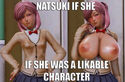 1girls 3d alternate_breast_size big_breasts big_nipples blush bowtie breast_envy breast_expansion breast_growth breasts doki_doki_literature_club exposed_breasts femsub flat_chest honey_select huge_breasts large_areolae looking_at_viewer maledom maledom_caption meme misogyny natsuki_(doki_doki_literature_club) nipples pink_hair school_uniform schoolgirl skirt small_breast_humiliation small_breasts tagme text tsundere