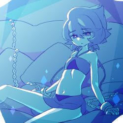 bare_midriff bare_shoulders bare_stomach belly blue_eyes blue_hair blue_skin bondage boulder bound bound_wrists chained chained_up chains crop_top dokur01 female female_focus female_only flat_chest imprisoned lapis_lazuli_(steven_universe) midriff miniskirt navel restrained rocks short_skirt sitting skirt solo solo_female solo_focus steven_universe stomach swa660w thighs upset