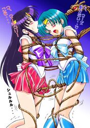 2girls ami_mizuno arms_behind arms_behind_back bishoujo_senshi_sailor_moon blue_hair blush bondage boots bound_together closed_eyes clothing crotch_rope earrings elbow_gloves female female_only forced_yuri gloves human jewelry long_hair magical_girl multiple_females multiple_girls multiple_subs nipples open_mouth purple_hair pussy_juice rei_hino rope sailor_mars sailor_mercury sailor_senshi saliva school_uniform seifuku serafuku short_hair skirt small_breasts spark_utamaro straight_hair sweat tiara tied_up torture translation_request trembling yuri