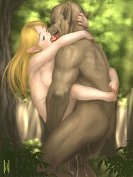 1boy 1girls 1monster barefoot blonde_hair breasts celtic_mythology cute elf elf_ears elf_female european_mythology feet female folklore forced_kiss forest french_kiss green_body happy_sex held_up hug kissing kissing_while_penetrated leg_lock monster monster_girl mythology nature nightmare_husbando nude nudist orc orc_on_elf outdoors pig_snout pointy_ears public_domain rape sex soles standing_sex straight suspended_congress toes tongue_in_mouth tree vaginal_penetration xiin