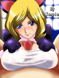 animal_ears blonde_hair blue_eyes blush breasts cat_ears censored code_geass female human large_breasts male milly_ashford nipples paizuri paizuri_under_clothes penis see-through short_hair smile straight temple_(artist) titfuck titjob window