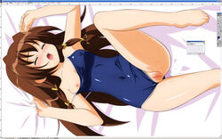 barefoot breasts censored erect_nipples feet mosaic_censoring one-piece_swimsuit pussy school_swimsuit small_breasts solo sugimura_tomokazu swimsuit swimsuit_aside tachibana_ichika utakata