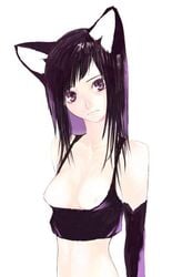 1girls animal_ears bare_shoulders black_hair breasts brown_eyes camisole cat_ears elbow_gloves female gloves long_hair nipple_slip nipples original solo tank_top