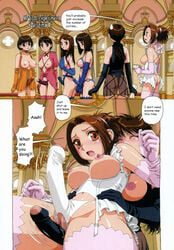 6futas ass black_hair blush breasts brown_eyes brown_hair censored choker closed_eyes corset covering covering_breasts doujin doujinshi elbow_gloves futa_on_futa futa_sans_balls futa_with_futa futanari gloves grinding hard_translated highres long_hair maid midriff mosaic_censoring no_testicles outercourse panties penis pink_legwear pink_thighhighs ponytail pussy short_hair sweatdrop tea text thighhighs tied_hair torso_grab translated underwear white_panties witch yui_toshiki