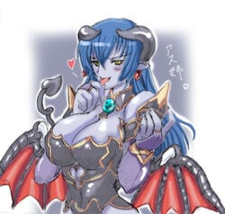 astaroth_(shinrabanshou) black_sclera blue_skin breasts clothing demon_girl drawn female_only horns large_breasts pointy_ears shinrabanshou solo solo_female tail translation_request wings yasakani_an